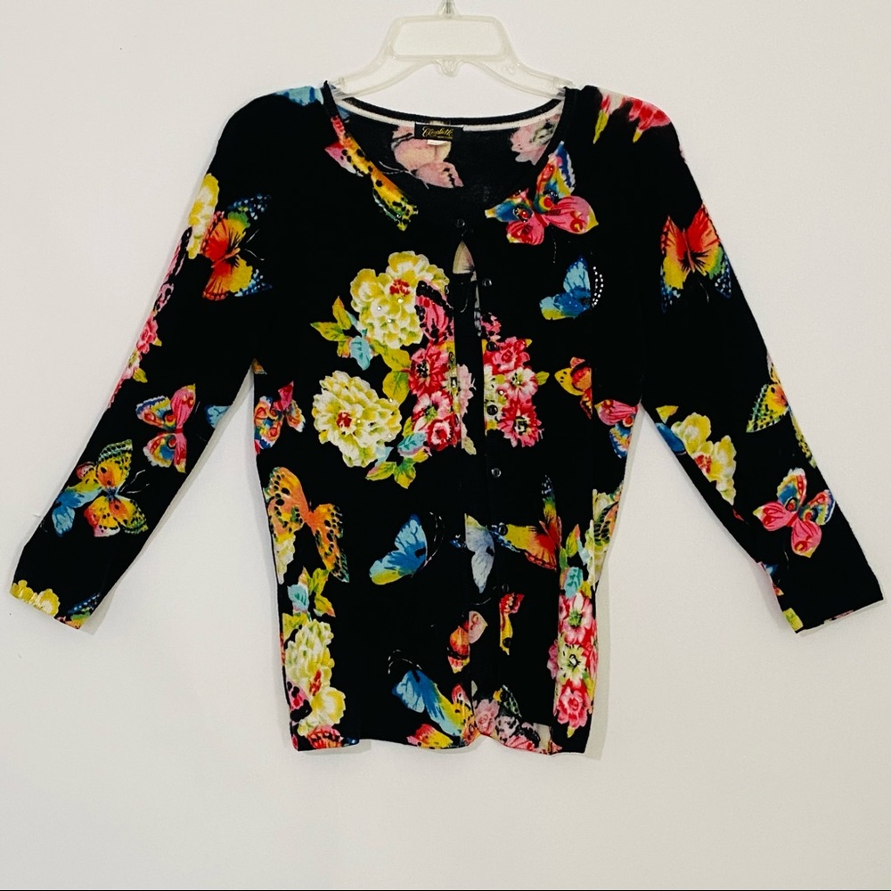 Elizabeth New York cardigan sweater size XS Black/butterflies/flowers & sparkles